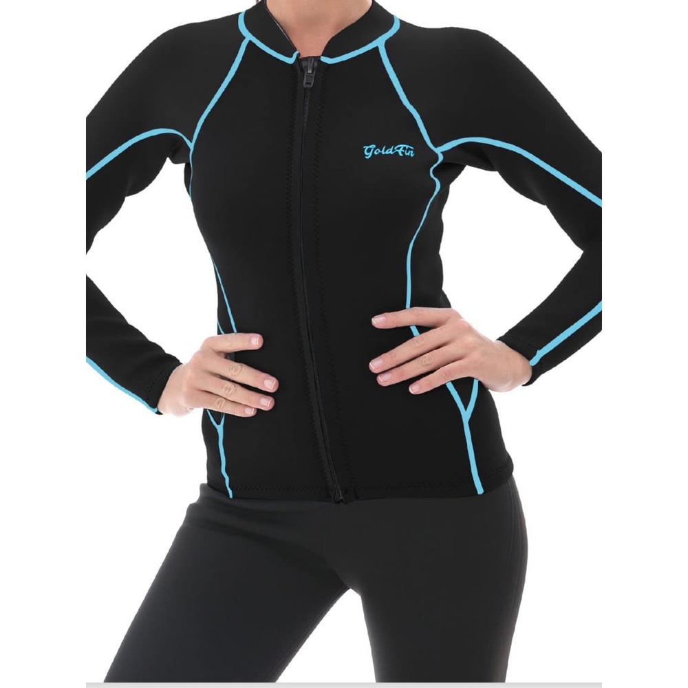 GoldFin Wetsuit Top Womens XL Black 2mm Neoprene Excellent Front Zip Long Sleeve